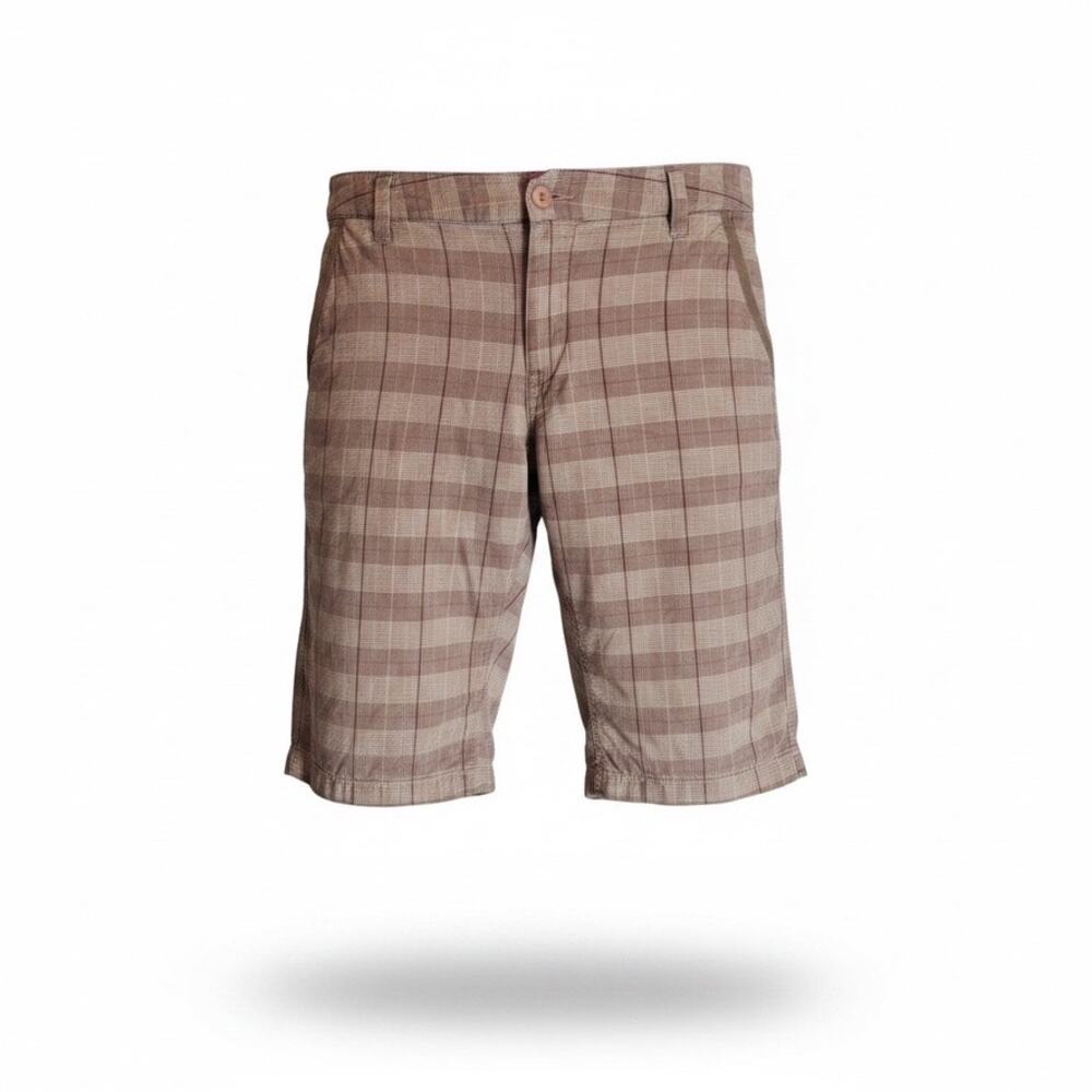 Horny Toad Women's 10 Plaid Bermuda Shorts Pink Tan Linen Blend